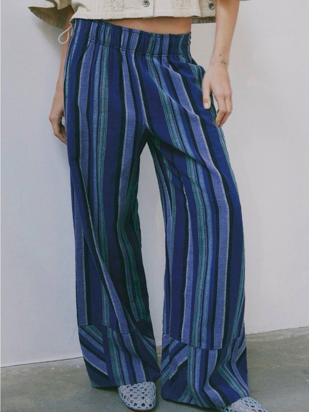 Free People Days End Linen Stripe pull on  multi blue Wide-Leg Pants